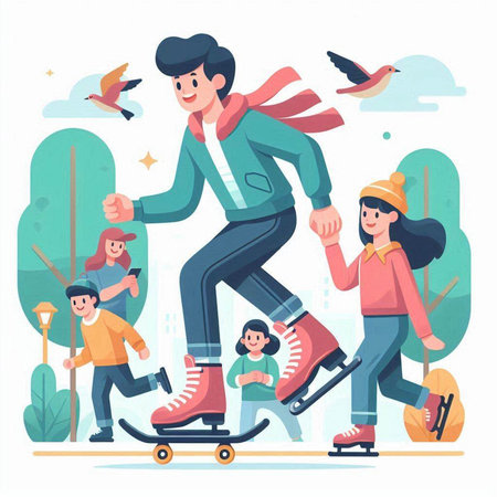 Family on roller skates. Father, mother and children skating in the park. Flat vector illustration.のイラスト素材