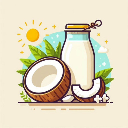 Coconut milk in a glass jar. Vector flat illustration.のイラスト素材