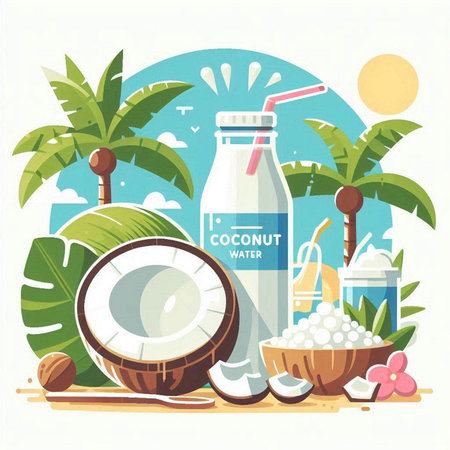 Coconut milk in a glass bottle, palm trees and coconut flakes, vector illustrationのイラスト素材