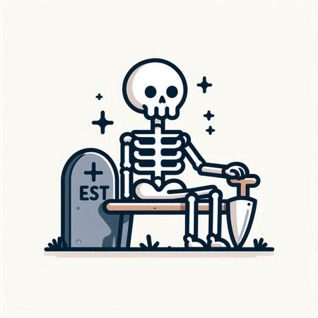Skeleton sitting on a bench with a sword in his hand. Vector illustration.のイラスト素材