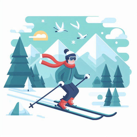 Young man skiing in the mountains. Winter sport. Vector illustration.のイラスト素材