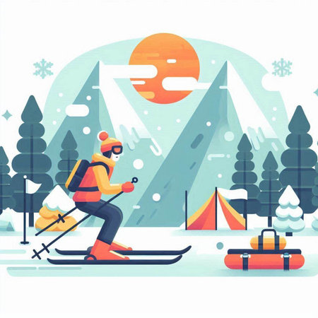 Winter landscape with snowboarder and tent. Flat vector illustration.のイラスト素材