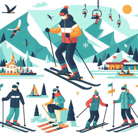 Ski resort. People skiing in the mountains. Flat style vector illustration.のイラスト素材