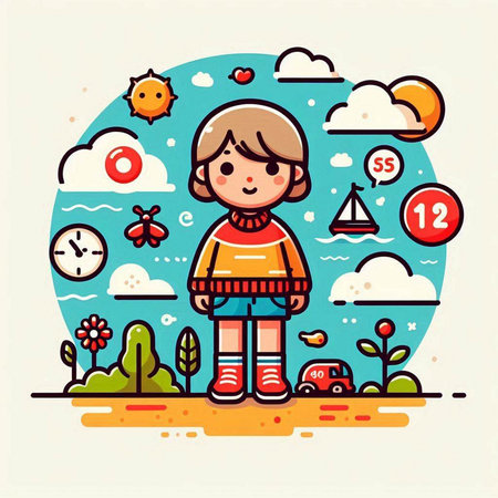Cute cartoon little girl playing in the park. Vector illustration.のイラスト素材