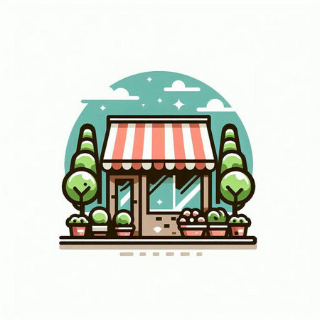 Vector illustration of a shop with awning, trees and flowers.のイラスト素材