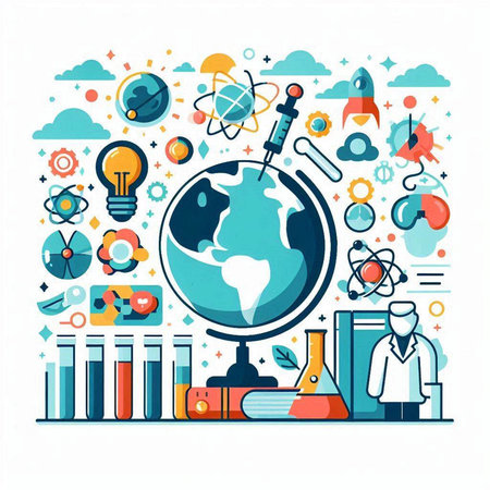 Science and education concept. Vector illustration in flat line style with icons.のイラスト素材
