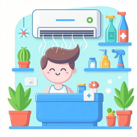 Cute boy in the room with air conditioner. Vector illustrationのイラスト素材