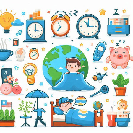 Vector illustration of sleeping man with alarm clock, alarm clock, piggy bank, cup of coffee, books, laptop, coffee pot and other objects. Flat style designのイラスト素材