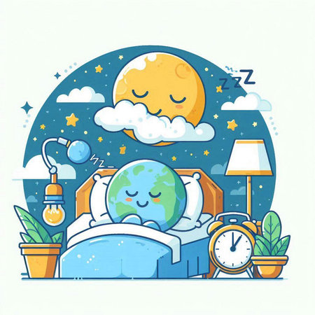 Cute cartoon sleeping in bed with alarm clock and moon. Vector illustration.のイラスト素材