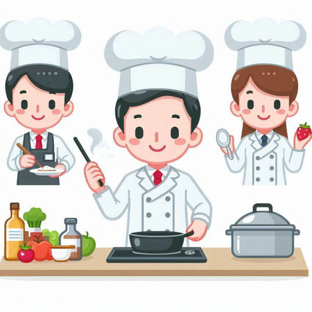 Illustration of a male chef and his female staff in the kitchenのイラスト素材