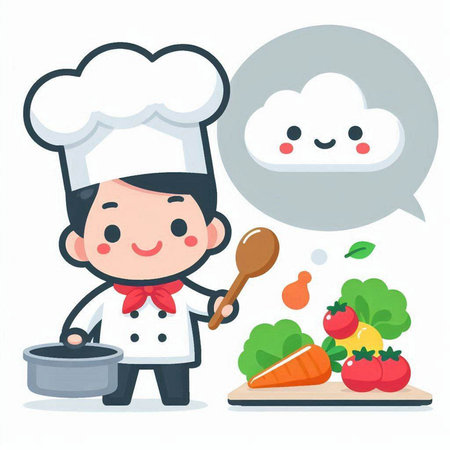 Chef cooking with vegetables and speech bubble. Cartoon vector illustration.のイラスト素材