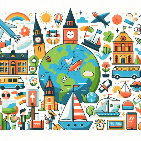 Travel and tourism background with hand drawn doodle elements. Vector illustrationのイラスト素材