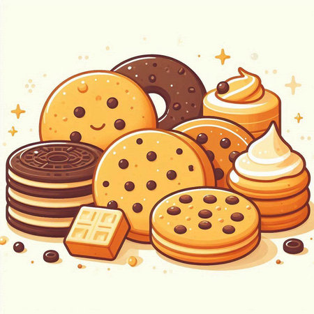 Vector illustration of a set of cookies with cream, chocolate and caramelのイラスト素材