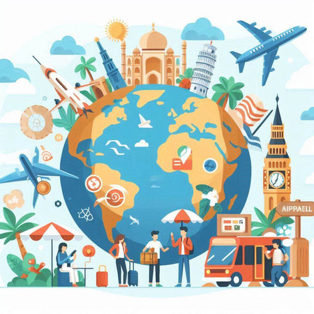 Travel around the world concept. Vector illustration in flat style. Tourists with luggage, airplane, map, globe, globe, minivan, bus.のイラスト素材