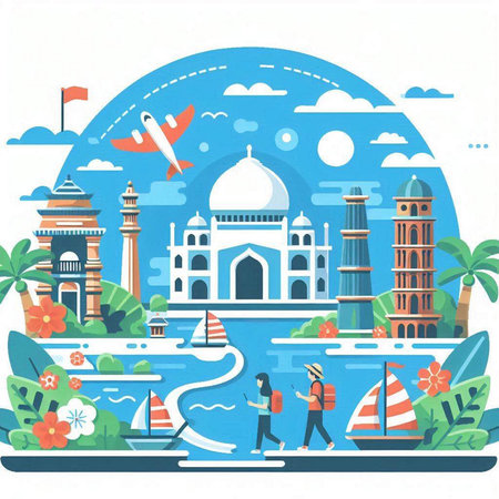 Taj Mahal in India. Vector illustration in flat style.のイラスト素材