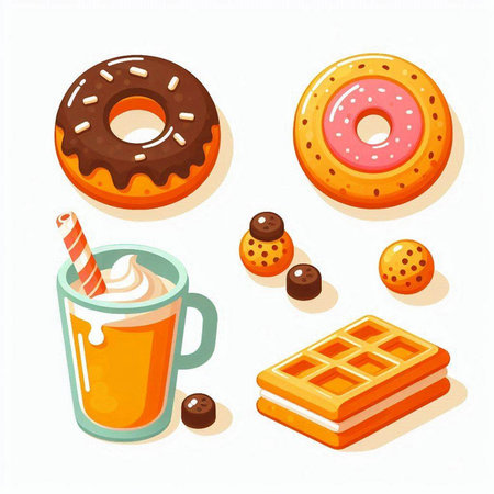Set of donuts, cup of coffee and sweets. Vector illustrationのイラスト素材