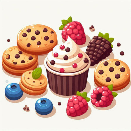 Cupcakes with berries and chocolate chip cookies. Vector illustration.のイラスト素材