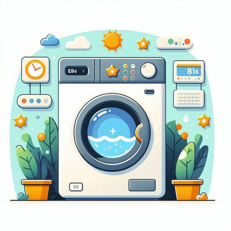 Washing machine with different icons. Vector illustration in flat style.のイラスト素材
