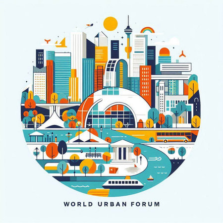 Vector illustration of a modern city with buildings, roads and trees.のイラスト素材