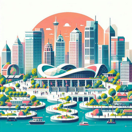 Cityscape with skyscrapers and river. Vector illustration in flat styleのイラスト素材