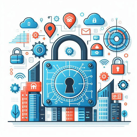 Cyber security concept with padlock and icons. Vector illustration.のイラスト素材