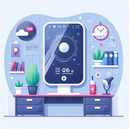 Vector illustration of modern office interior with desktop computer, coffee cup, clock and other items. Flat style design.のイラスト素材