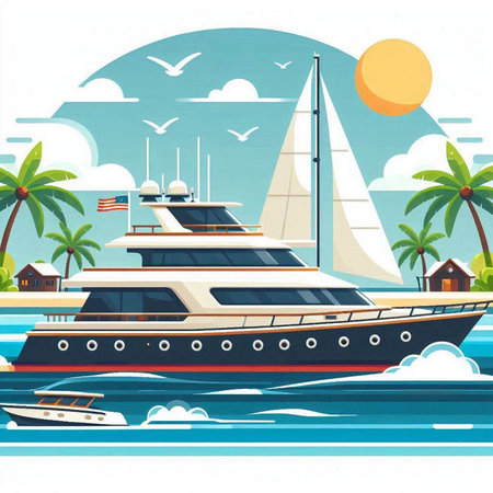 Yacht on the sea. Vector illustration in flat cartoon style.のイラスト素材