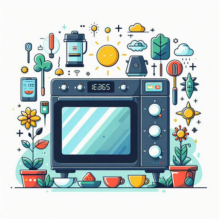 Kitchen and cooking equipment. Vector illustration in line art style.のイラスト素材