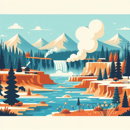 Landscape with mountains, river and forest. Vector illustration in retro styleのイラスト素材