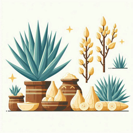 Illustration of cacti and succulents in pots.のイラスト素材