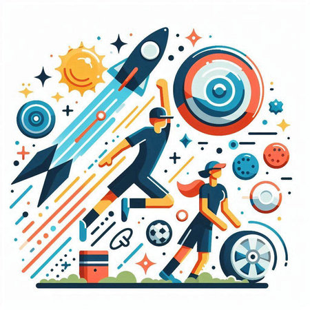 Startup business concept with rocket, wheel and people. Vector illustrationのイラスト素材