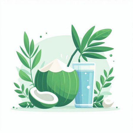 Coconut water with green leaves. Vector illustration in flat styleのイラスト素材