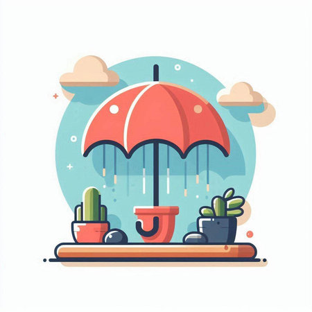 Illustration of umbrella and cactus. Flat design. Vector illustrationのイラスト素材