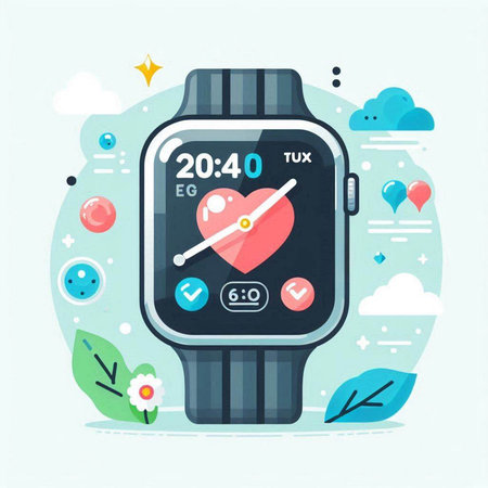 Smart watch with heart and icons. Vector illustration in flat style.のイラスト素材