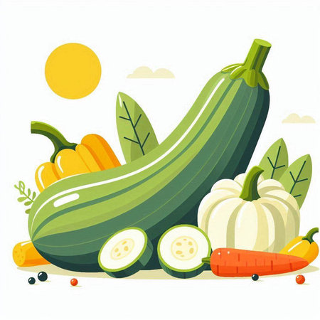 Vegetable vector illustration with zucchini, pumpkin, carrot, cucumber, pepper and other vegetables.のイラスト素材