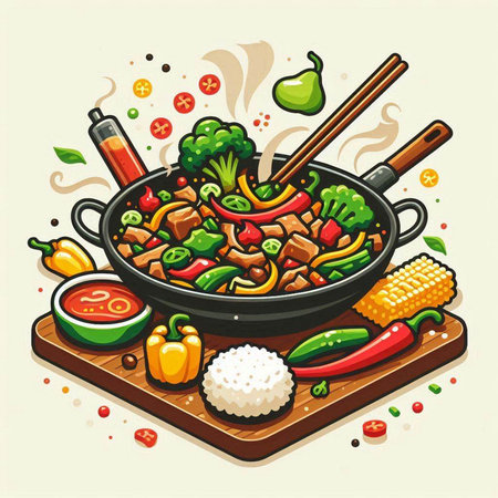 Illustration of a hot and spicy stir fry with vegetables and meatのイラスト素材