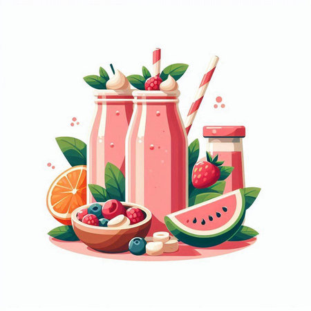 Healthy smoothie drink with fruits and berries. Vector illustration.のイラスト素材