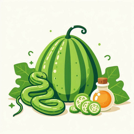 Watermelon, cucumber and green snake. Vector illustration in cartoon style.のイラスト素材