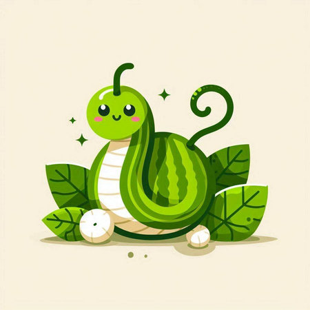 Cute cartoon snake with green leaves. Vector illustration for your designのイラスト素材