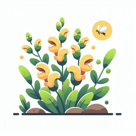 Illustration of a green plant with yellow flowers on a white backgroundのイラスト素材