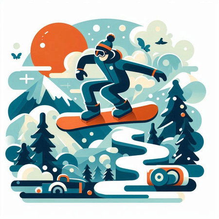 Snowboarder on a snowboard in the mountains. Vector illustration.のイラスト素材