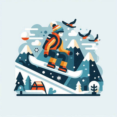 Snowboarder in the mountains. Vector illustration in flat style.のイラスト素材