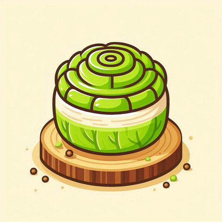 Cabbage cake on wooden plate. Vector illustration in cartoon style.のイラスト素材