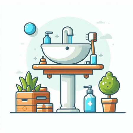 Bathroom interior with washbasin, toilet bowl, toiletries, toiletries and plants. Vector illustration.のイラスト素材