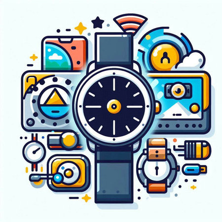 Vector illustration of smart watch with different icons on white background. Line art design for web, site, advertising, banner, poster, board and print.のイラスト素材