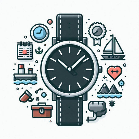 Wristwatch with different icons. Vector illustration in thin line styleのイラスト素材