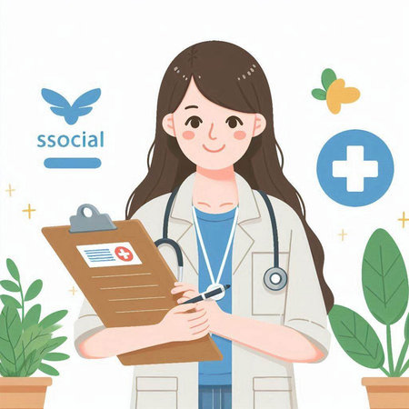 Young female doctor with stethoscope and clipboard. Vector illustration.のイラスト素材
