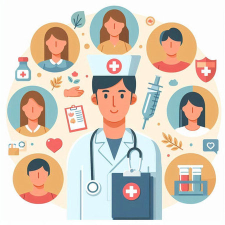Flat design vector illustration concept of healthcare and medicine. Doctor, nurse, surgeon, surgeon, doctor, nurse, doctor, nurse, patient.のイラスト素材