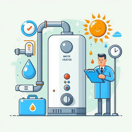 Vector illustration of a man in blue shirt and tie standing near a boiler with hot water.のイラスト素材