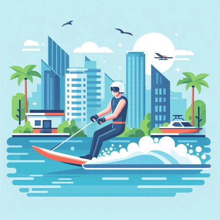 Vector illustration of a man on a water skiing in the city.のイラスト素材